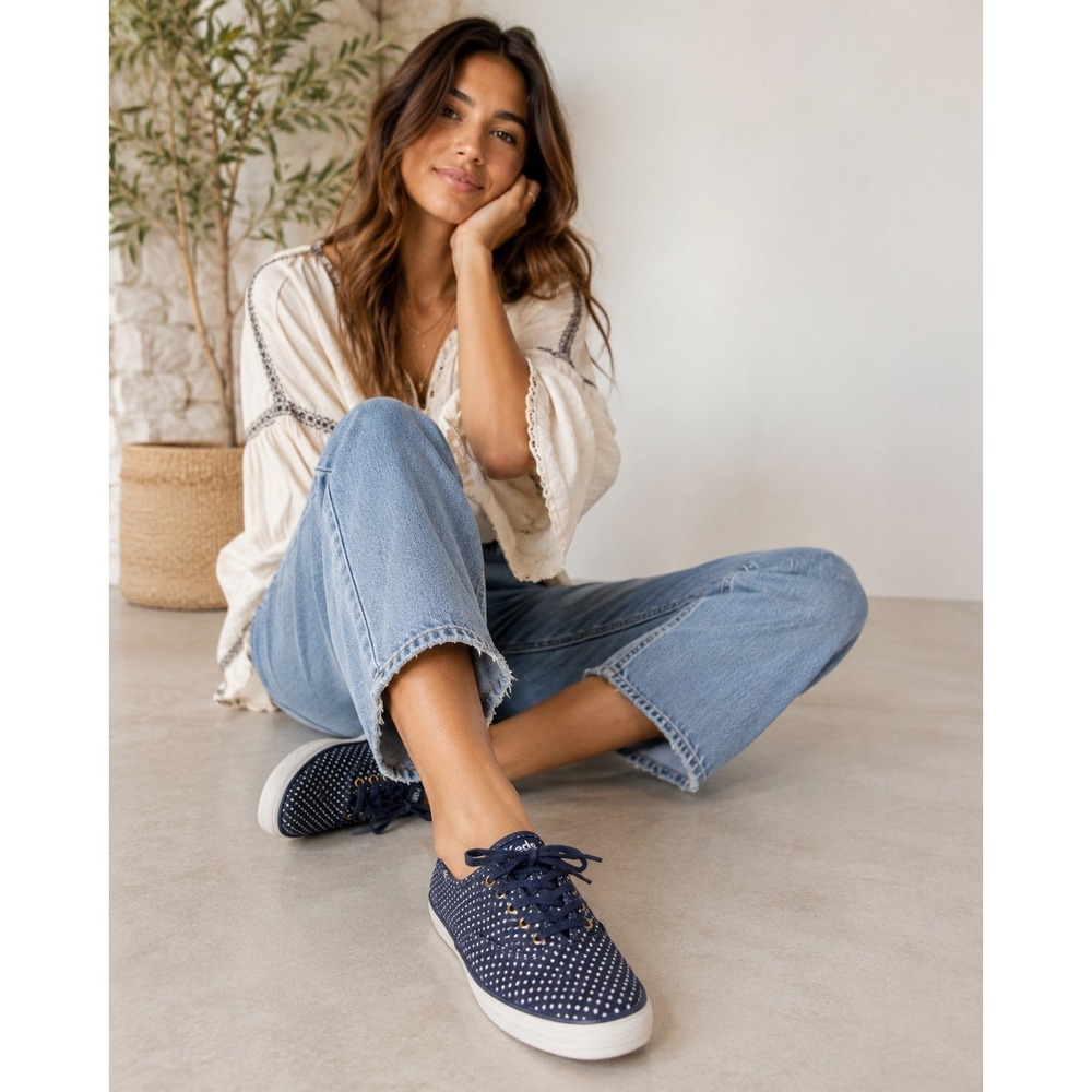 Keds Champion Navy Blue Polka Dot Canvas Low Top Sneakers Womens 6